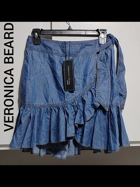 New Veronica Beard Yale Blue Memphis Denim Wrap Ruffle Skirt Sz.0 (C-19)